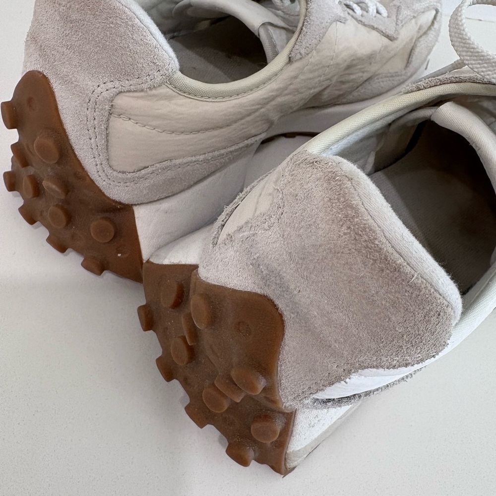 New Balance Women’s Athletic Sneakers in White and Light Gray with Gum Sole - Picture 9 of 10
